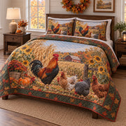 Harvest Flock Chicken and Rooster Quilt Set, angled chicken and rooster bedroom view