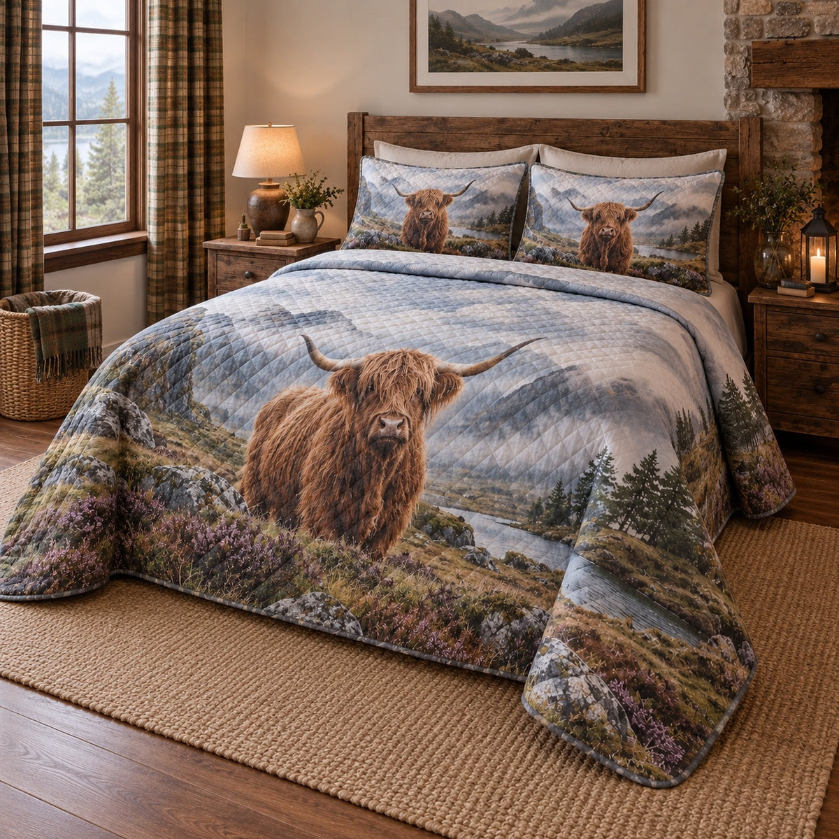 Misty Glen Cow Highland Cow Quilt Set, angled highland cow bedroom view
