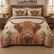 Copper Fringe Highland Cow Quilt Set, front highland cow bedroom view