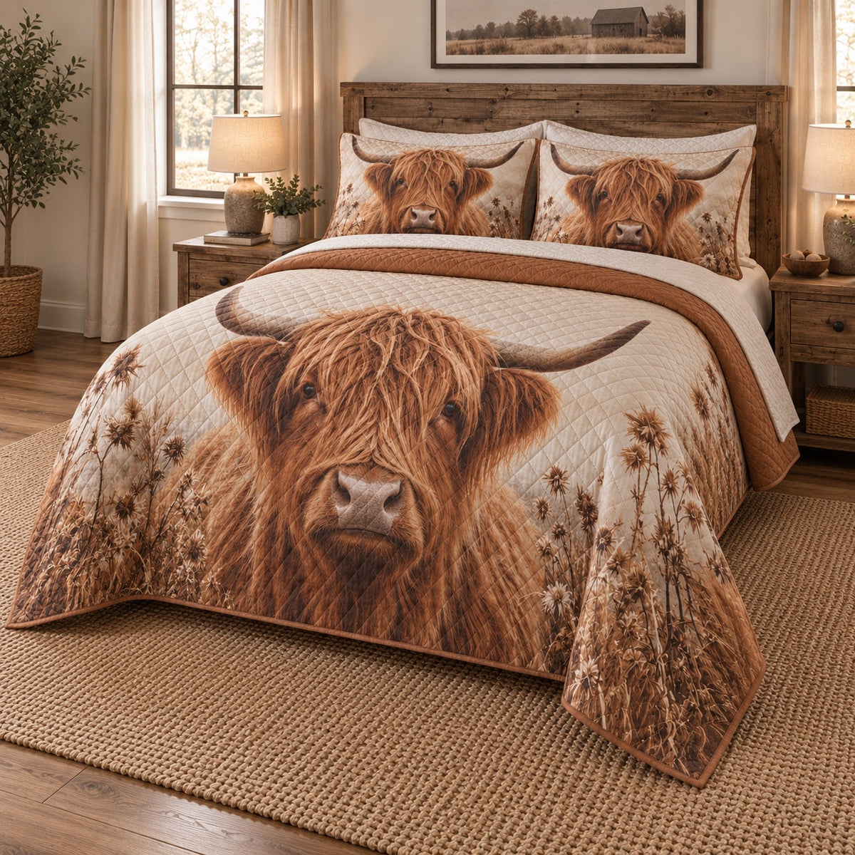 Copper Fringe Highland Cow Quilt Set, angled highland cow bedroom view