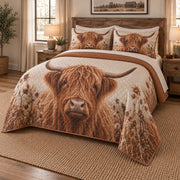 Copper Fringe Highland Cow Quilt Set, angled highland cow bedroom view
