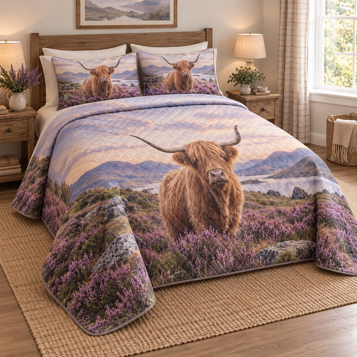 Heather Meadow Highland Cow Quilt Set, angled highland cow bedroom view