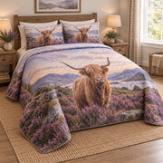 Heather Meadow Highland Cow Quilt Set, angled highland cow bedroom view