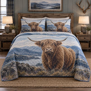Blue Highland Highland Cow Quilt Set, front highland cow bedroom view