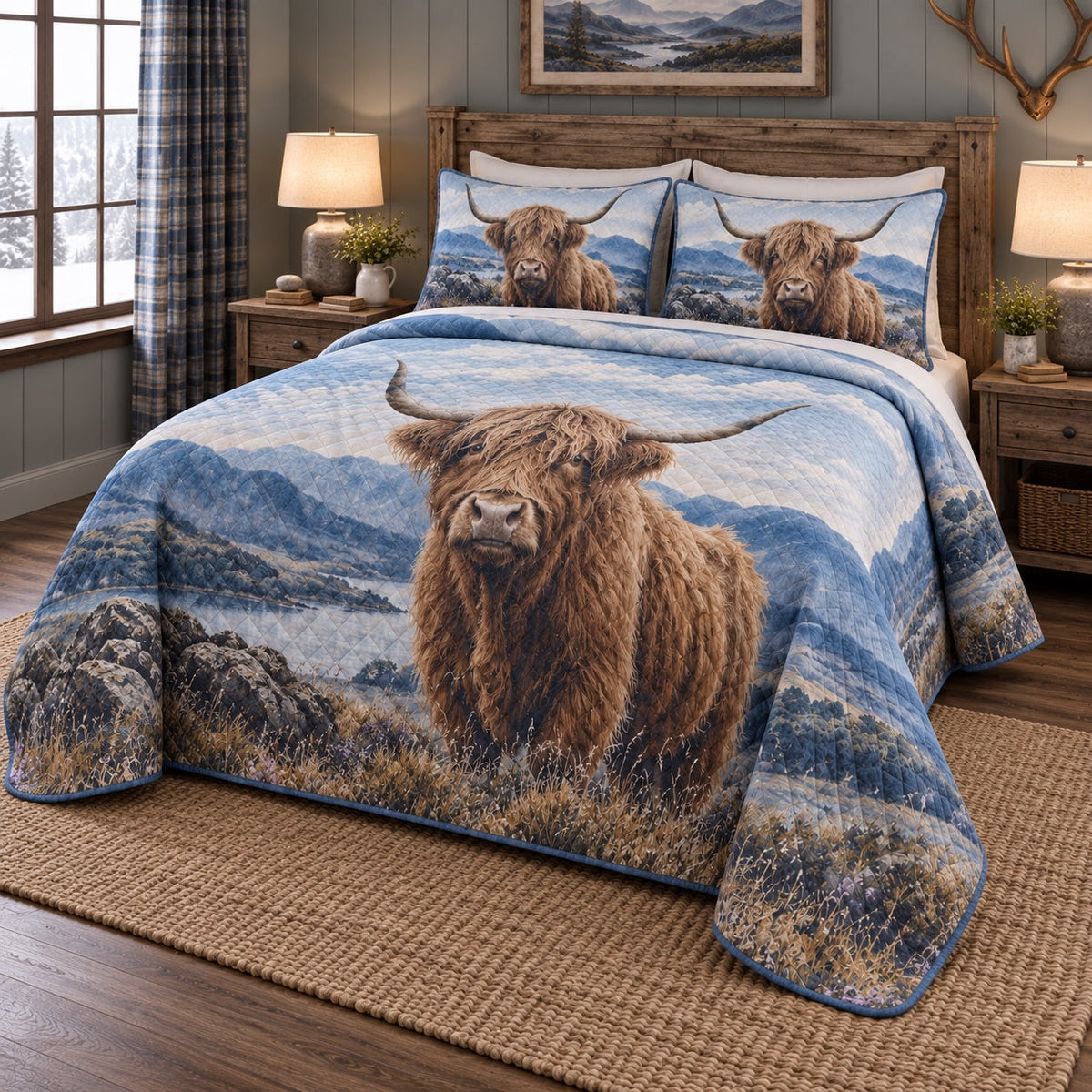 Blue Highland Highland Cow Quilt Set, angled highland cow bedroom view