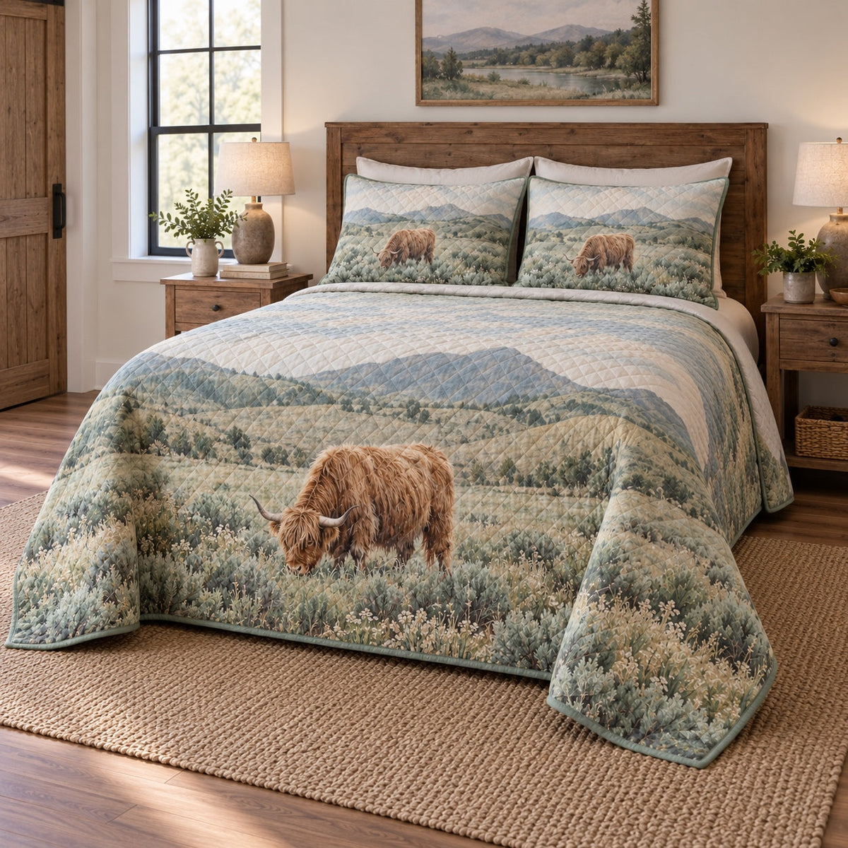 Sage Pasture Highland Cow Quilt Set, angled highland cow bedroom view
