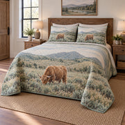 Sage Pasture Highland Cow Quilt Set, angled highland cow bedroom view
