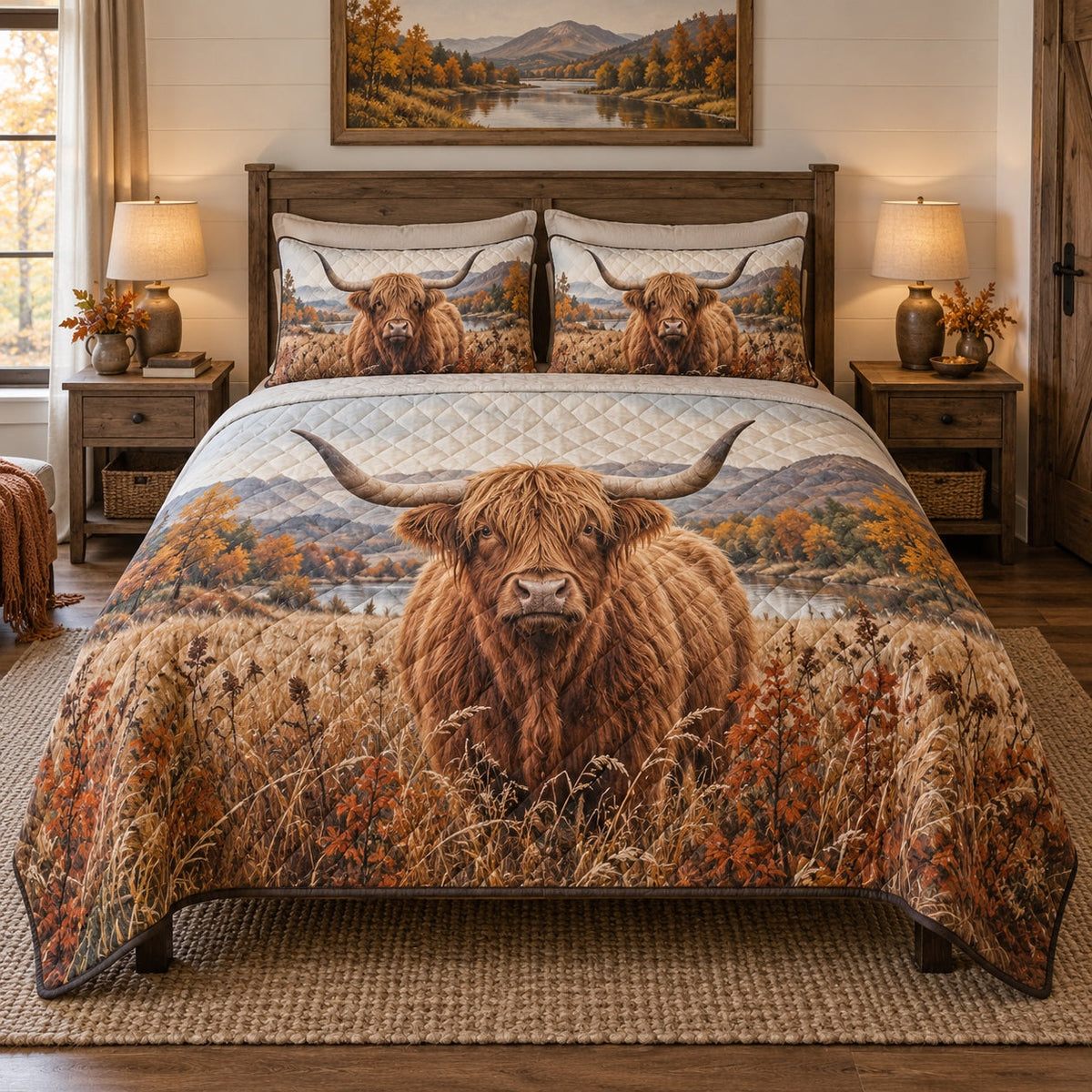 Autumn Highland Highland Cow Quilt Set, front highland cow bedroom view