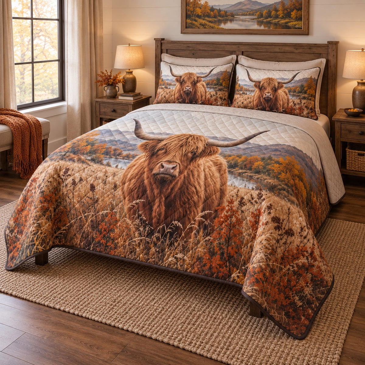Autumn Highland Highland Cow Quilt Set, angled highland cow bedroom view