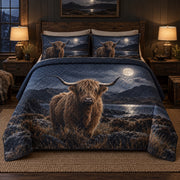 Moonlit Glen Highland Cow Quilt Set, front highland cow bedroom view