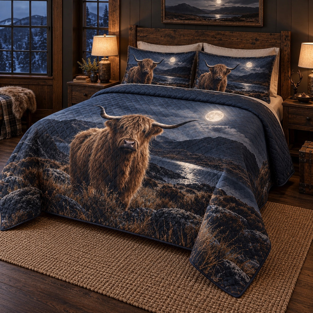 Moonlit Glen Highland Cow Quilt Set, angled highland cow bedroom view
