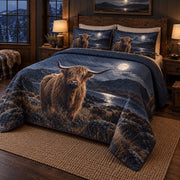 Moonlit Glen Highland Cow Quilt Set, angled highland cow bedroom view