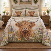 Wildflower Cow Highland Cow Quilt Set, front highland cow bedroom view