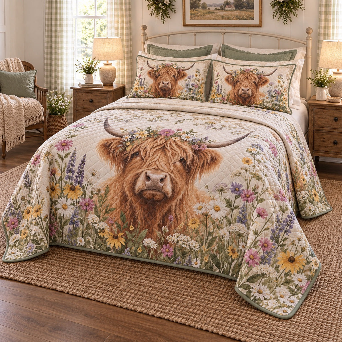 Wildflower Cow Highland Cow Quilt Set, angled highland cow bedroom view