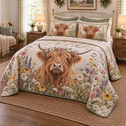 Wildflower Cow Highland Cow Quilt Set, angled highland cow bedroom view