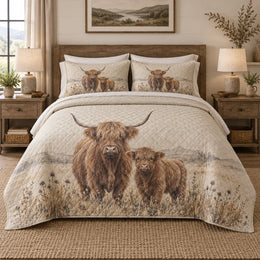 Linen Herd Highland Cow Quilt Set