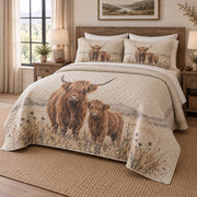 Linen Herd Highland Cow Quilt Set, angled highland cow bedroom view