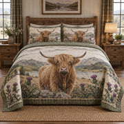 Thistle Ridge Highland Cow Quilt Set, front highland cow bedroom view
