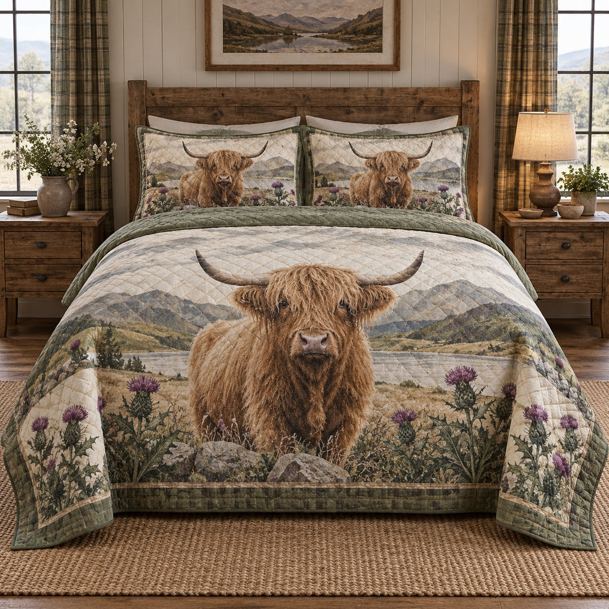 Thistle Ridge Highland Cow Quilt Set, front highland cow bedroom view