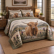 Thistle Ridge Highland Cow Quilt Set, angled highland cow bedroom view