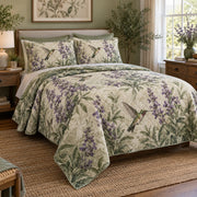 Sage Nectar Garden Hummingbird Quilt Set, front hummingbird bedroom view