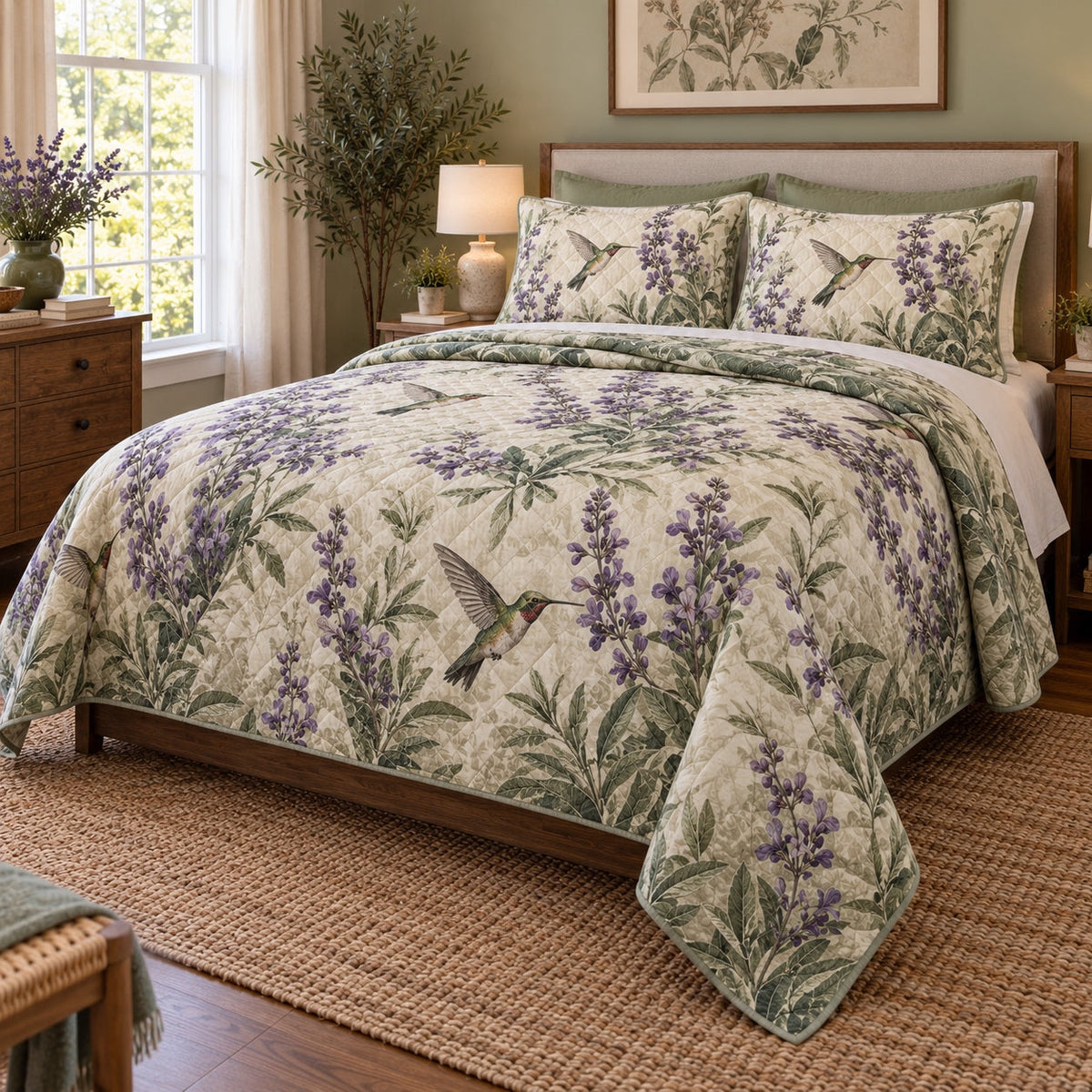 Sage Nectar Garden Hummingbird Quilt Set, angled hummingbird bedroom view