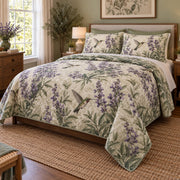 Sage Nectar Garden Hummingbird Quilt Set, angled hummingbird bedroom view
