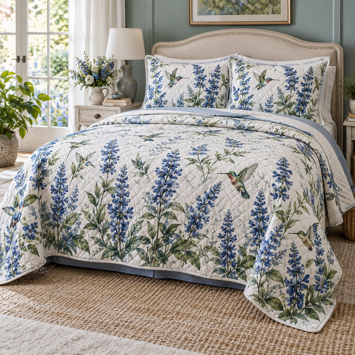 Blue Salvia Flight Hummingbird Quilt Set, front hummingbird bedroom view