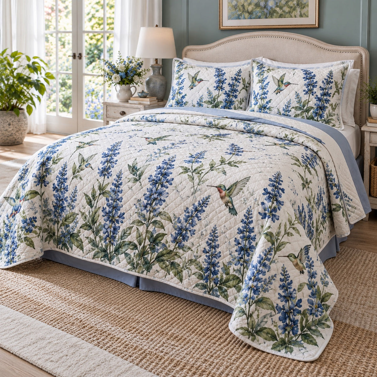 Blue Salvia Flight Hummingbird Quilt Set, angled hummingbird bedroom view