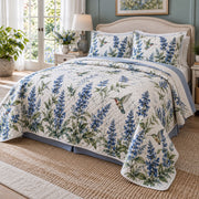 Blue Salvia Flight Hummingbird Quilt Set, angled hummingbird bedroom view