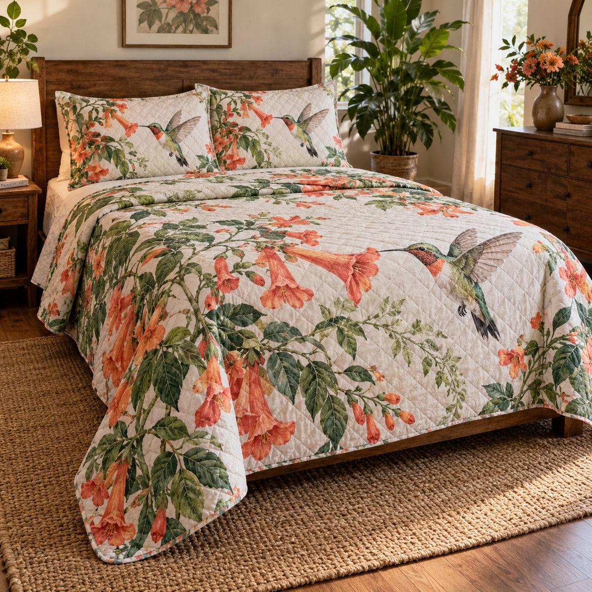 Coral Trumpet Hummingbird Quilt Set, front hummingbird bedroom view