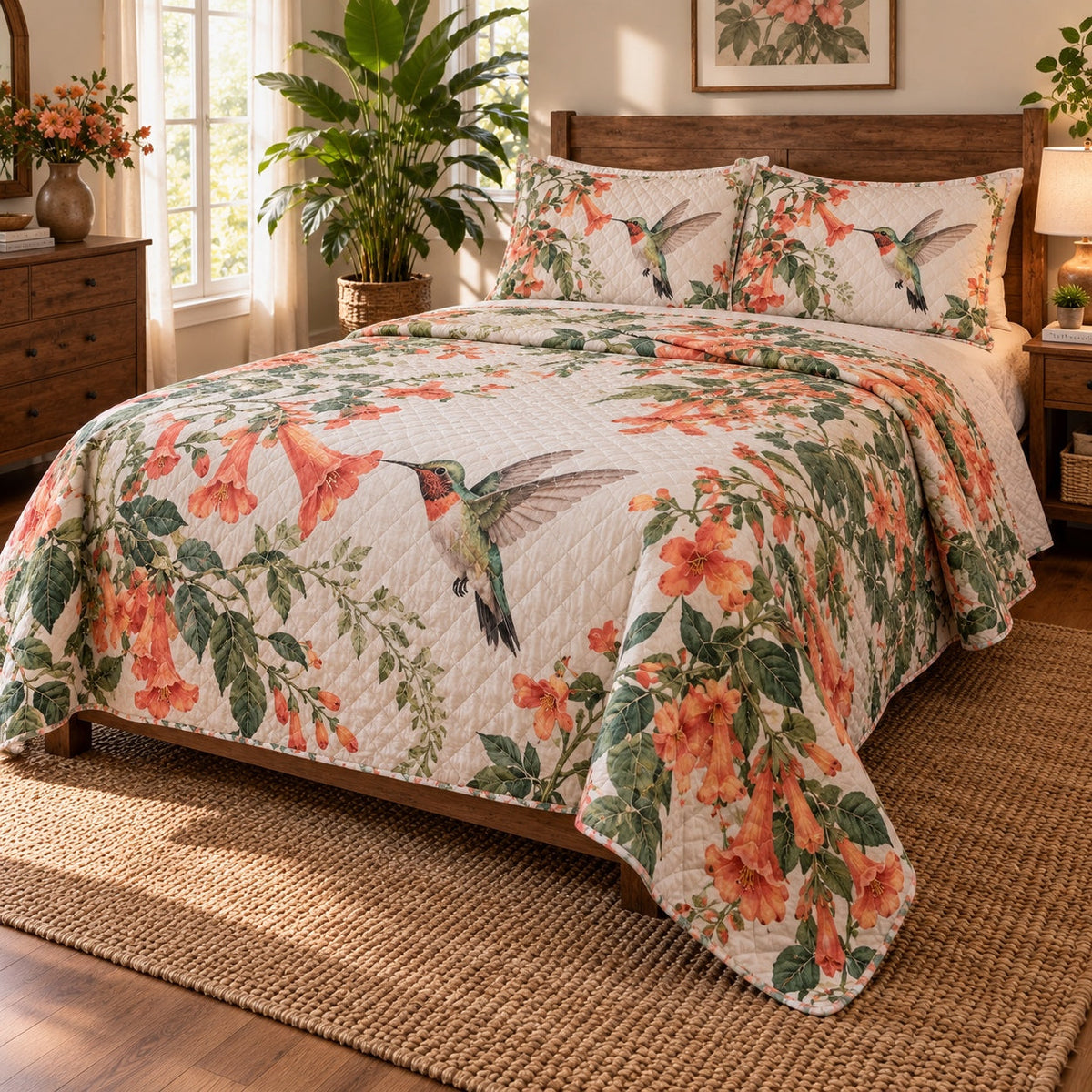 Coral Trumpet Hummingbird Quilt Set, angled hummingbird bedroom view