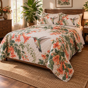 Coral Trumpet Hummingbird Quilt Set, angled hummingbird bedroom view