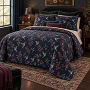 Midnight Hummingbird Quilt Set, angled hummingbird bedroom view