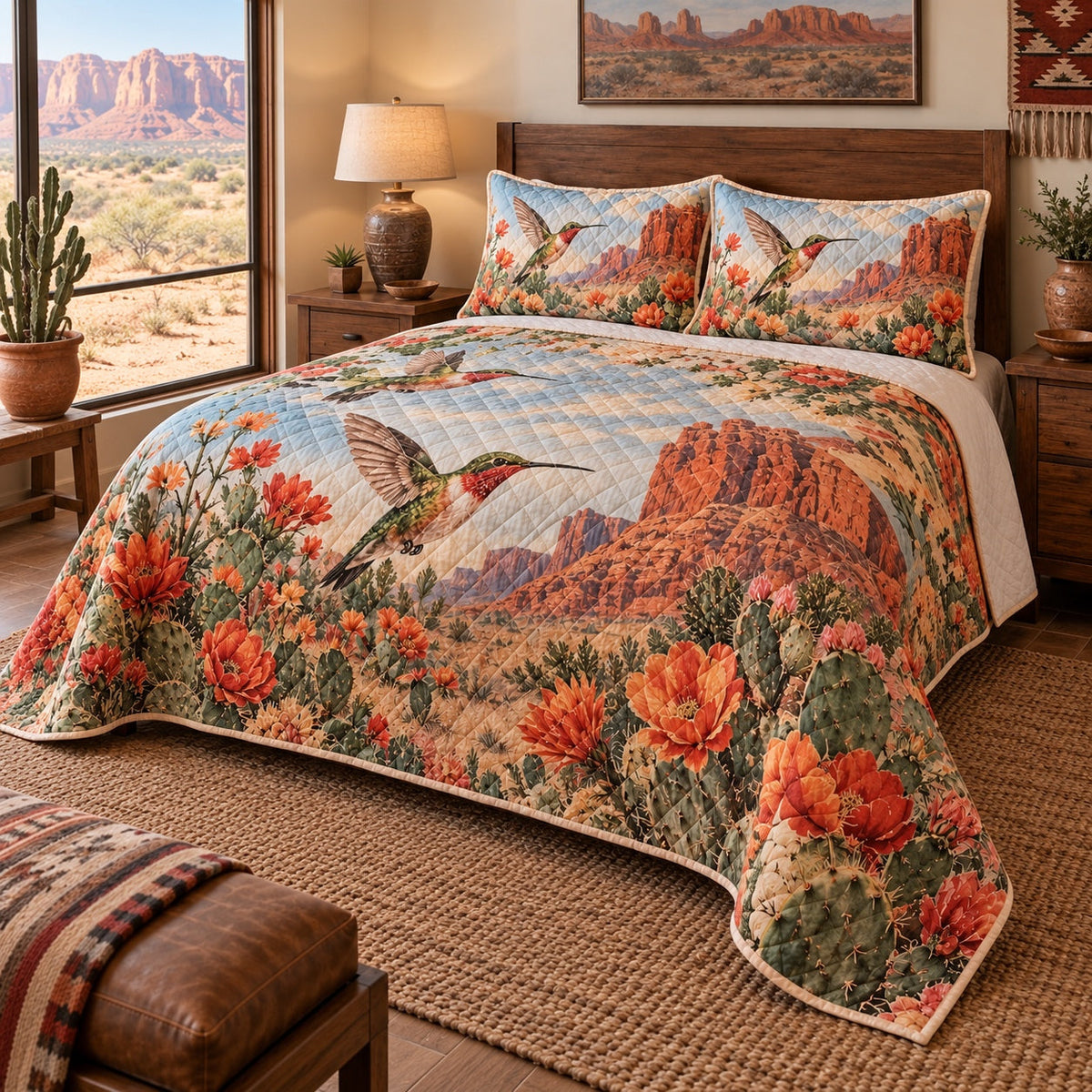 Desert Bloom Hummingbird Quilt Set, angled hummingbird bedroom view