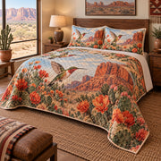 Desert Bloom Hummingbird Quilt Set, angled hummingbird bedroom view