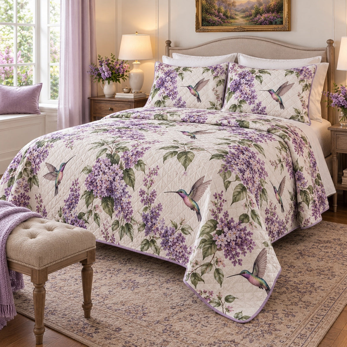 Lilac Flight Hummingbird Quilt Set, angled hummingbird bedroom view