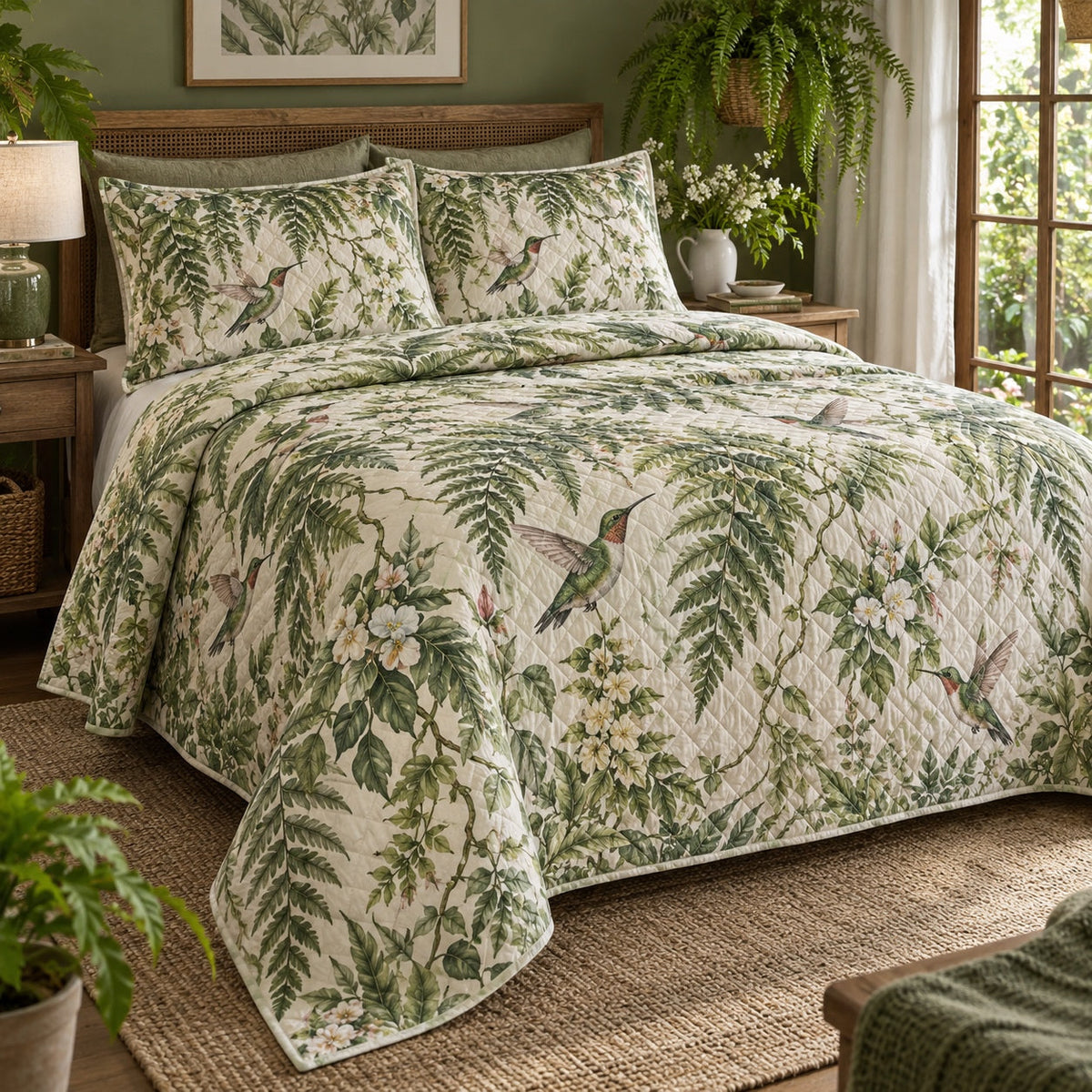 Fern Canopy Hummingbird Quilt Set, front hummingbird bedroom view