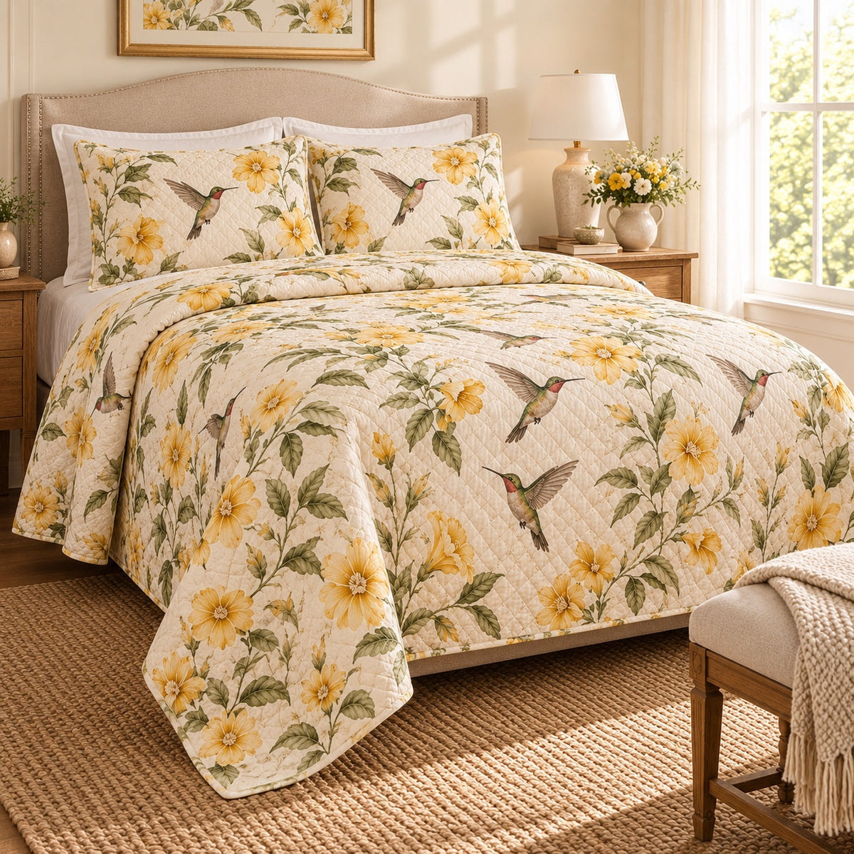 Golden Nectar Hummingbird Quilt Set, angled hummingbird bedroom view