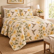 Golden Nectar Hummingbird Quilt Set, angled hummingbird bedroom view