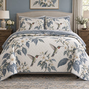 White Blossom Hummingbird Quilt Set, front hummingbird bedroom view