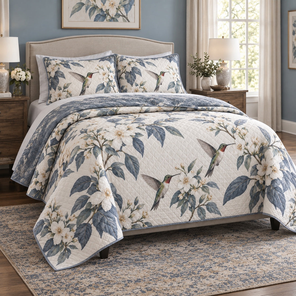 White Blossom Hummingbird Quilt Set, angled hummingbird bedroom view
