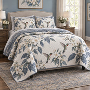 White Blossom Hummingbird Quilt Set, angled hummingbird bedroom view