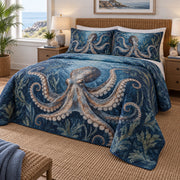 Indigo Tide Octopus Quilt Set, angled octopus bedroom view