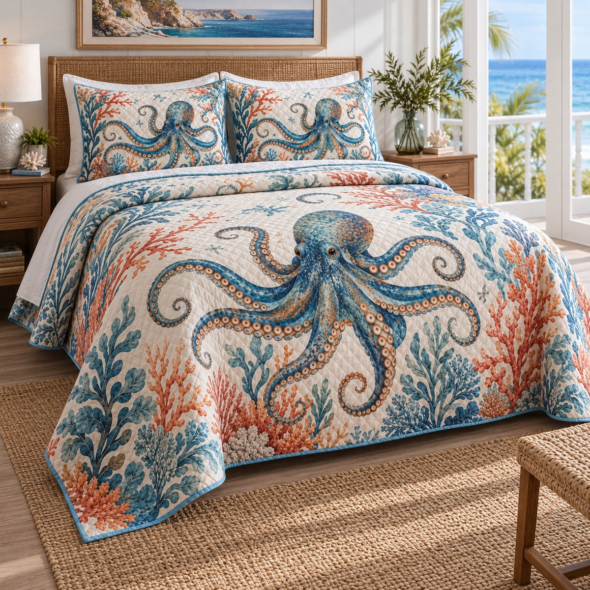 Coral Reef Wanderer Octopus Quilt Set, angled octopus bedroom view