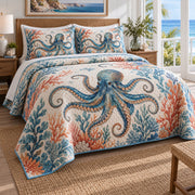 Coral Reef Wanderer Octopus Quilt Set, angled octopus bedroom view