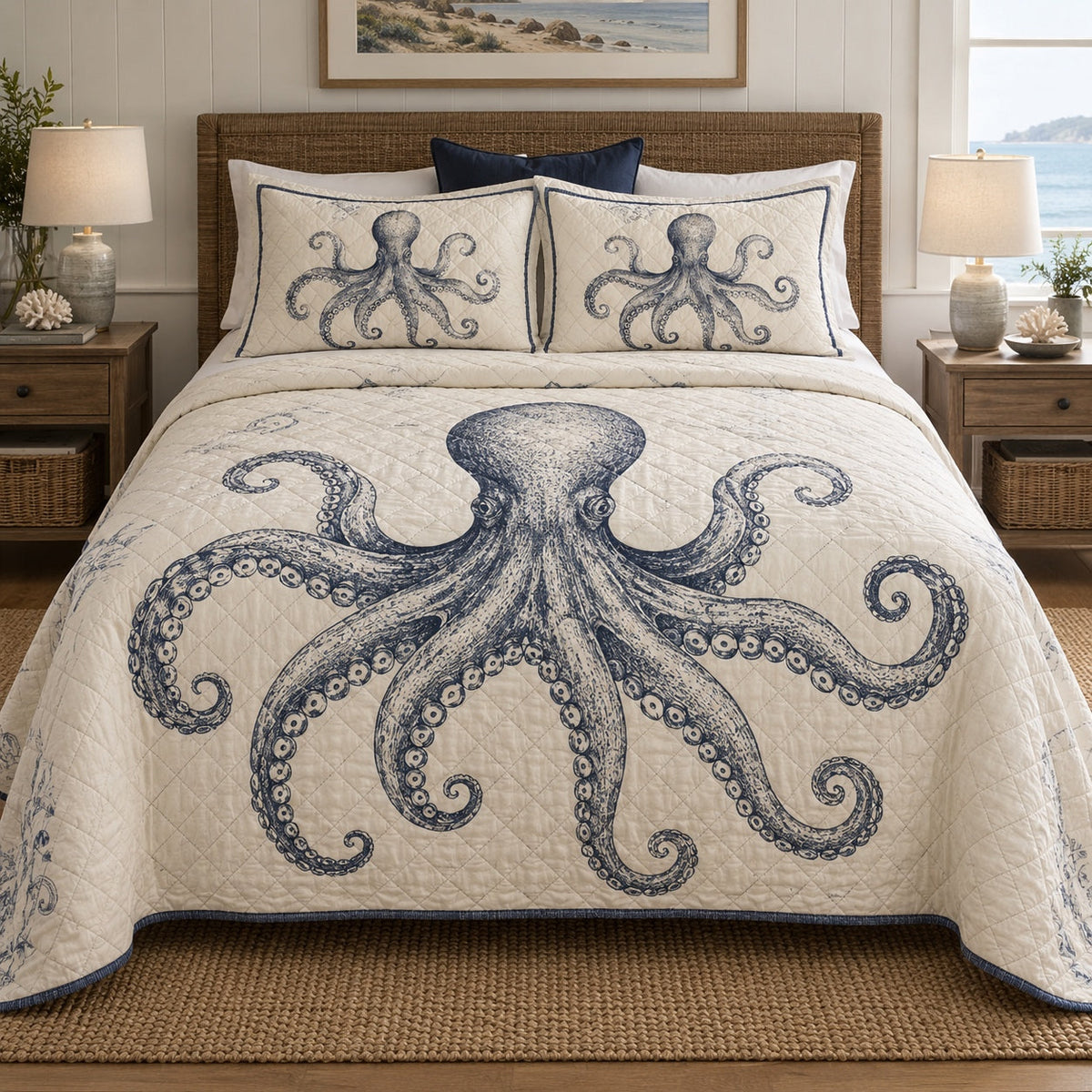 Nautical Ink Study Octopus Quilt Set, front octopus bedroom view