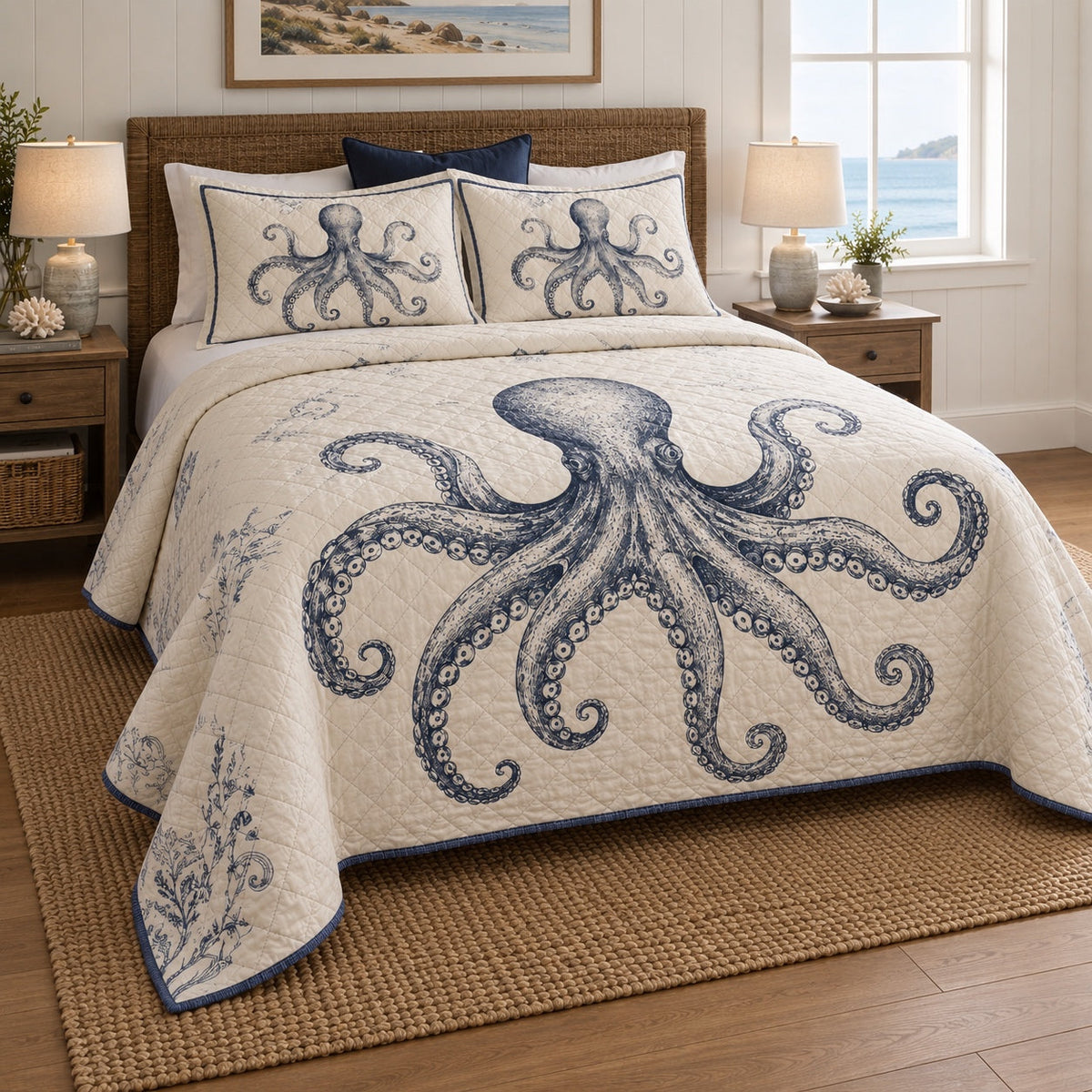 Nautical Ink Study Octopus Quilt Set, angled octopus bedroom view