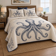 Nautical Ink Study Octopus Quilt Set, angled octopus bedroom view