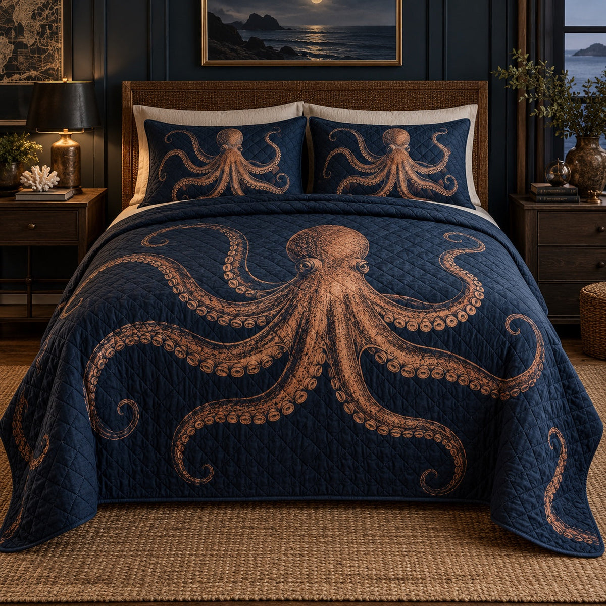 Midnight Deep Octopus Quilt Set, front octopus bedroom view